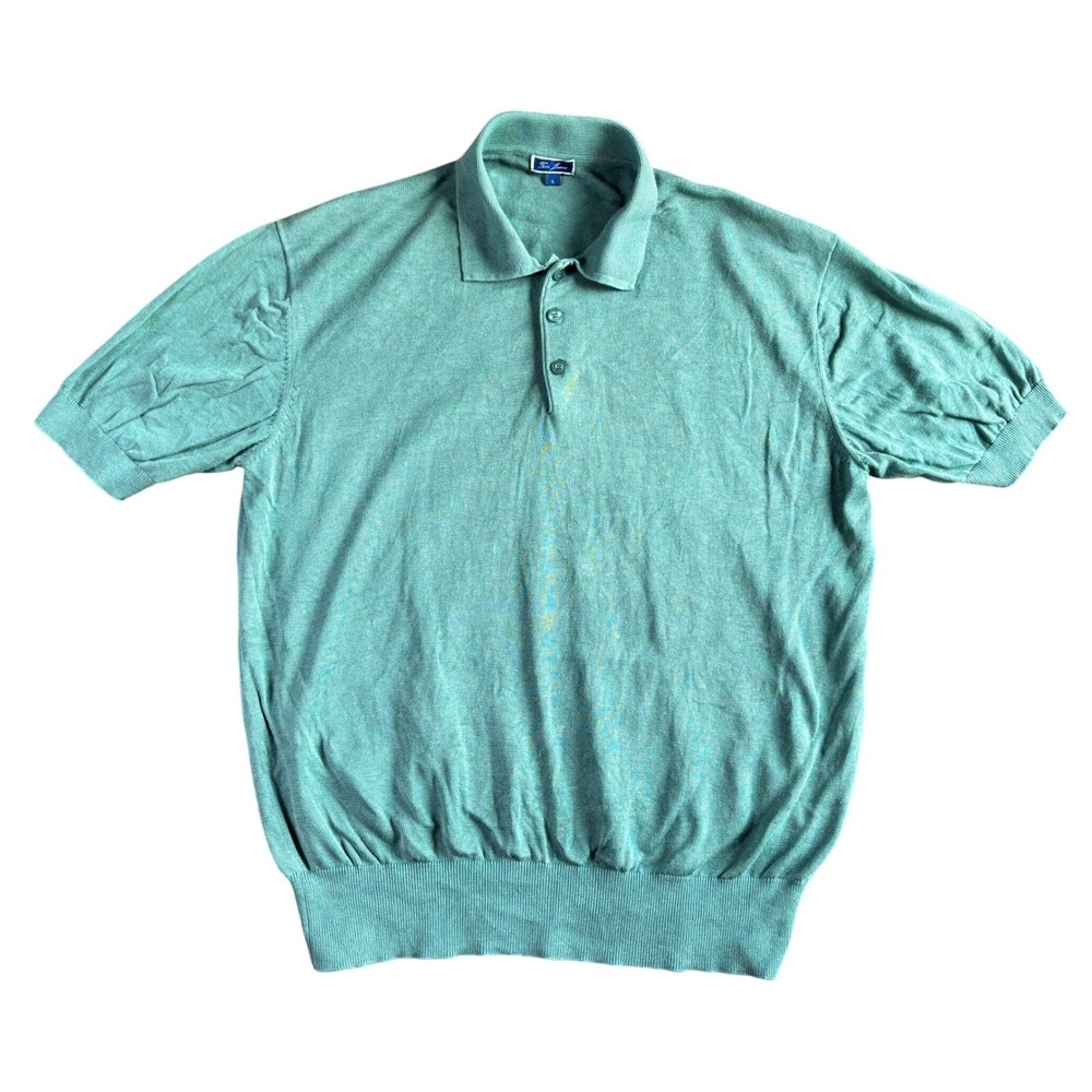 Tom James Mens Knit Polo‎ Shirt Large Teal Blue Short Sleeve Ribbed Trim Luxury